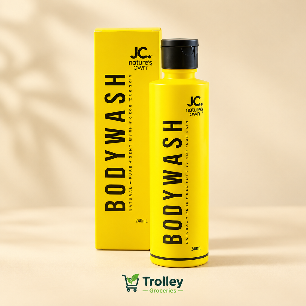 Natures Own Body Wash 240mL yellow bottle and box with Trolley Groceries branding below on a warm personal-care background