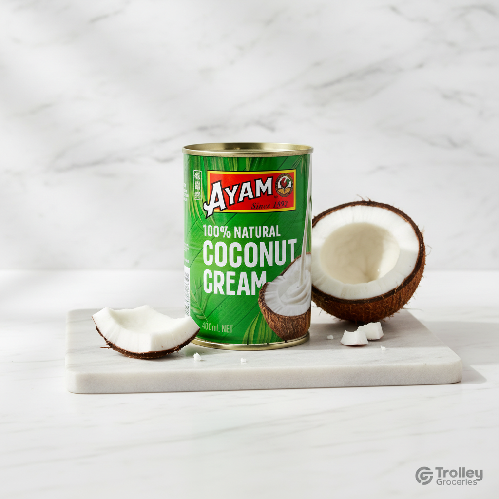 Ayam Coconut Cream 400ml green tin on marble surface with coconut