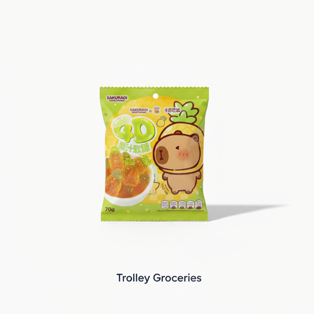 Sakurai 4D Juicy Gummy Pineapple 70g pouch with Trolley Groceries branding below on a cheerful confectionery background
