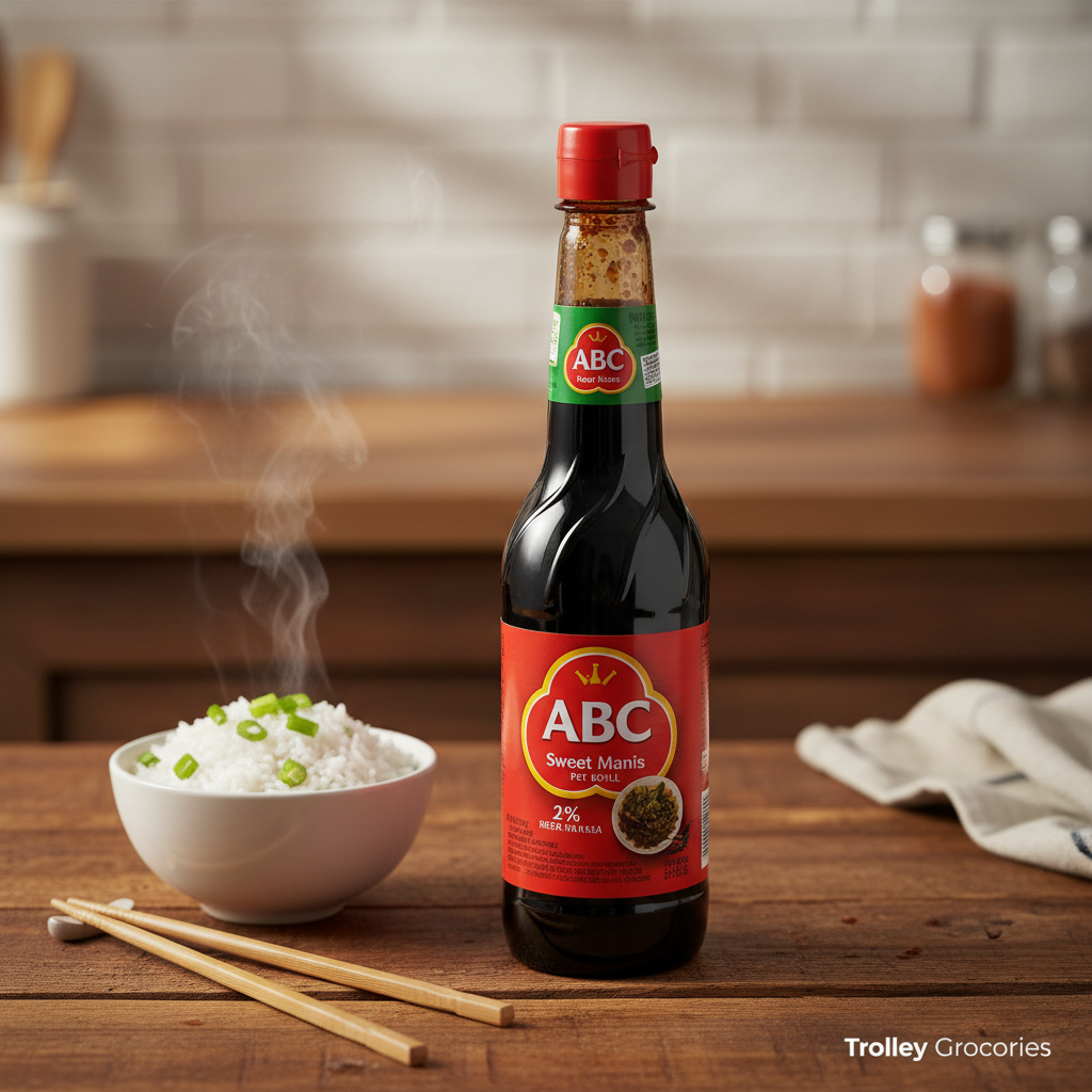 ABC Sweet Soy Sauce Pet Bottle 600ML on wooden surface with Asian spices