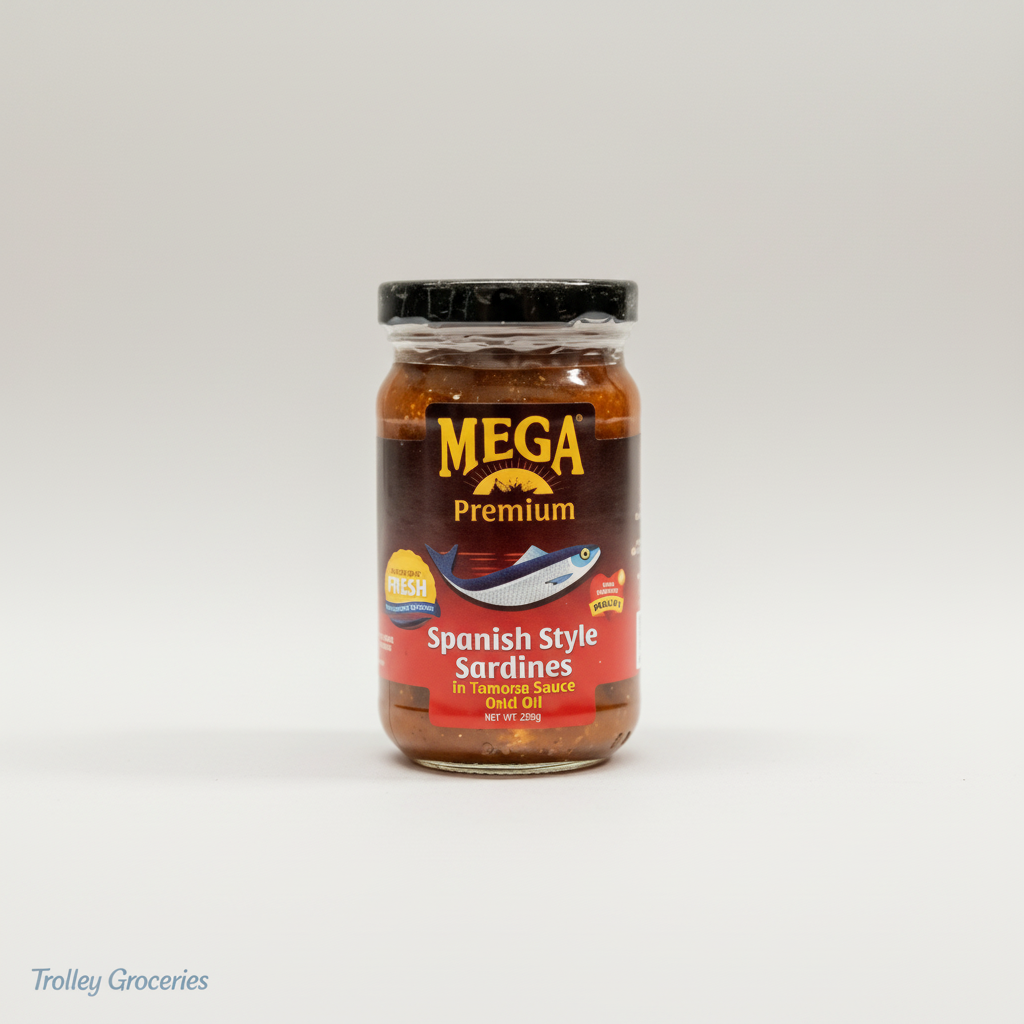 Mega Spanish Sardines Tomato In Jar 225g glass jar on a clean neutral studio background for Trolley Groceries