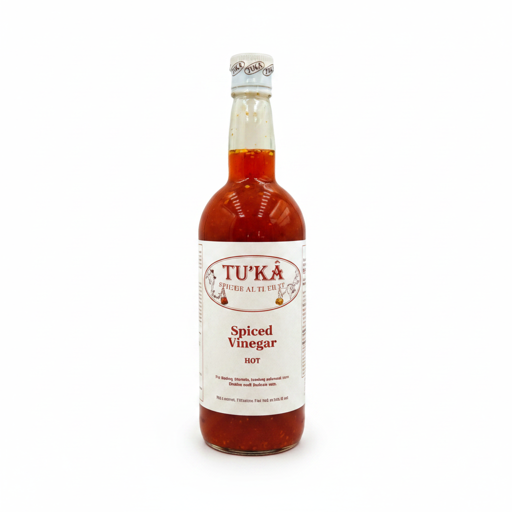 Tuka Cane Vinegar Hot 750ml dark glass bottle with red-orange vinegar and cream Tuka label