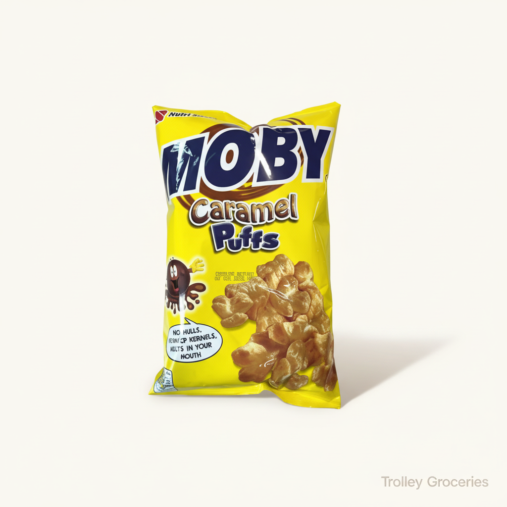 Nutri Snack Moby Caramel Puffs 90g packet in a faithful premium grocery presentation for Trolley Groceries