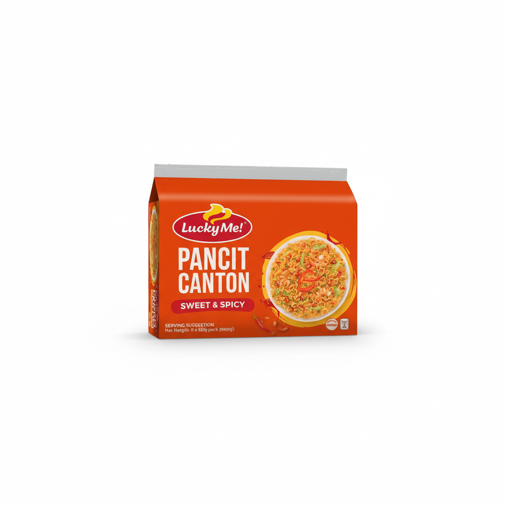 Lucky Me Pancit Canton Sweet & Spicy 6 Pack 480g – clean studio product photo