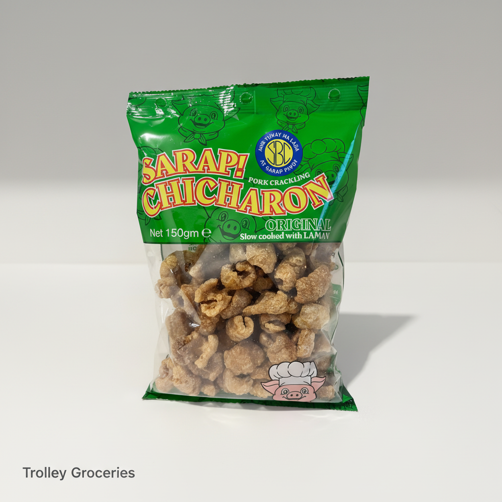 SBC Sarap Chicharon Original with Laman 150g with Trolley Groceries branding