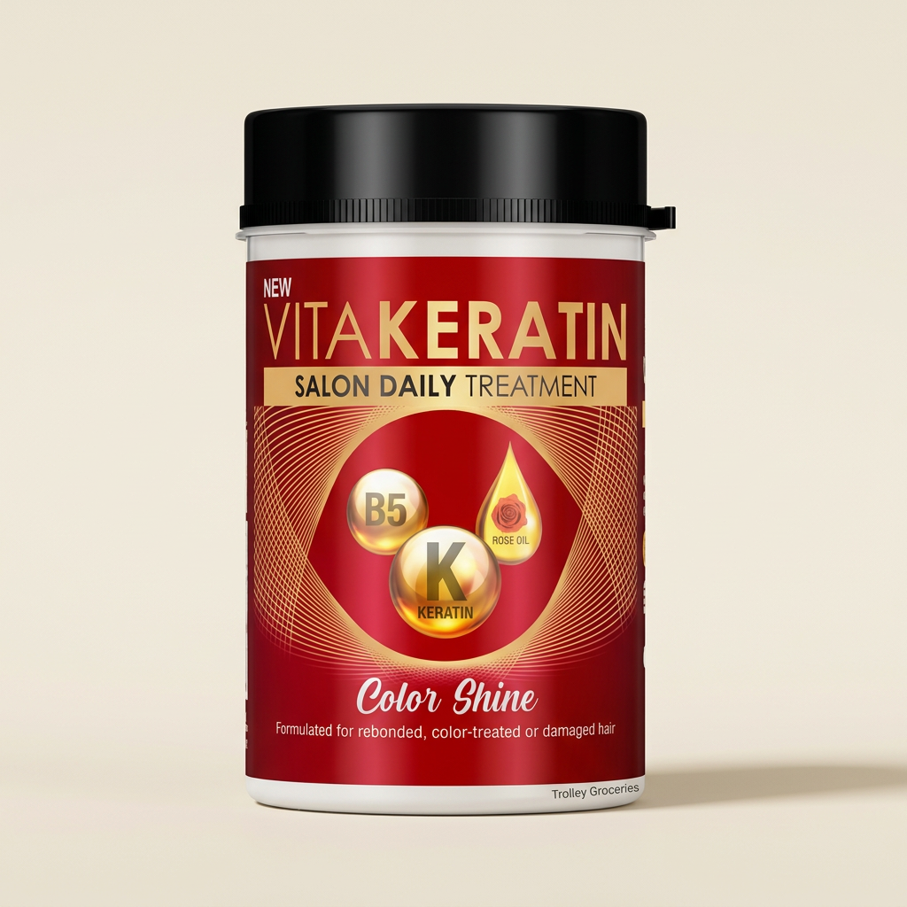 Vitakeratin Color Shine red and gold tub with Trolley Groceries branding