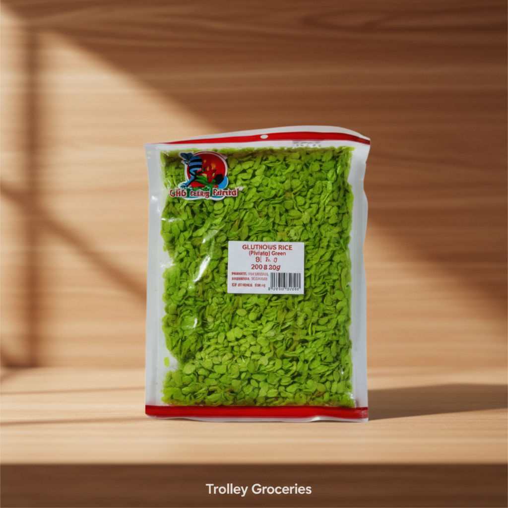 CLB Glutinous Rice Pinipig Green 200g bag with Trolley Groceries branding below on a warm pantry background