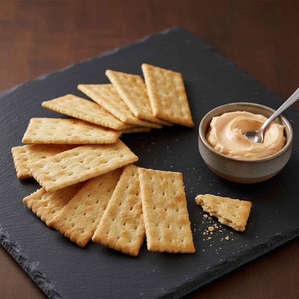 Skyflakes Filipino crackers fanned out on a dark slate board with cheese spread