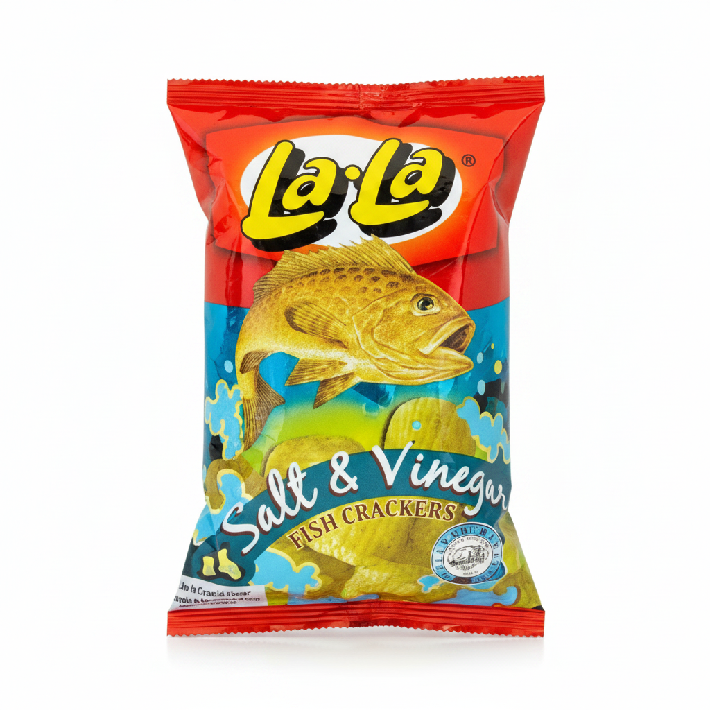 La La Fish Crackers Salt & Vinegar 100g red and teal packaging with golden fish illustration