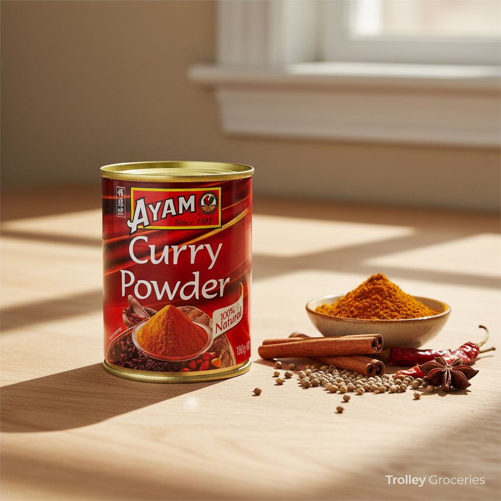 Ayam Curry Powder 130g red tin on wooden surface with spices