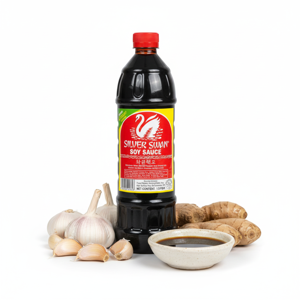 Silver Swan Soy Sauce styled with garlic and ginger on white background