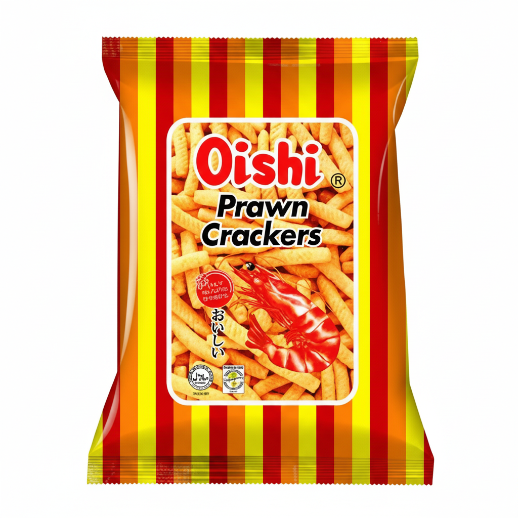 Oishi Prawn Crackers Classic 90g bag - enhanced product shot