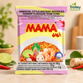 MAMA Shrimp Tom Yum instant noodles 60g packet on a warm kitchen background