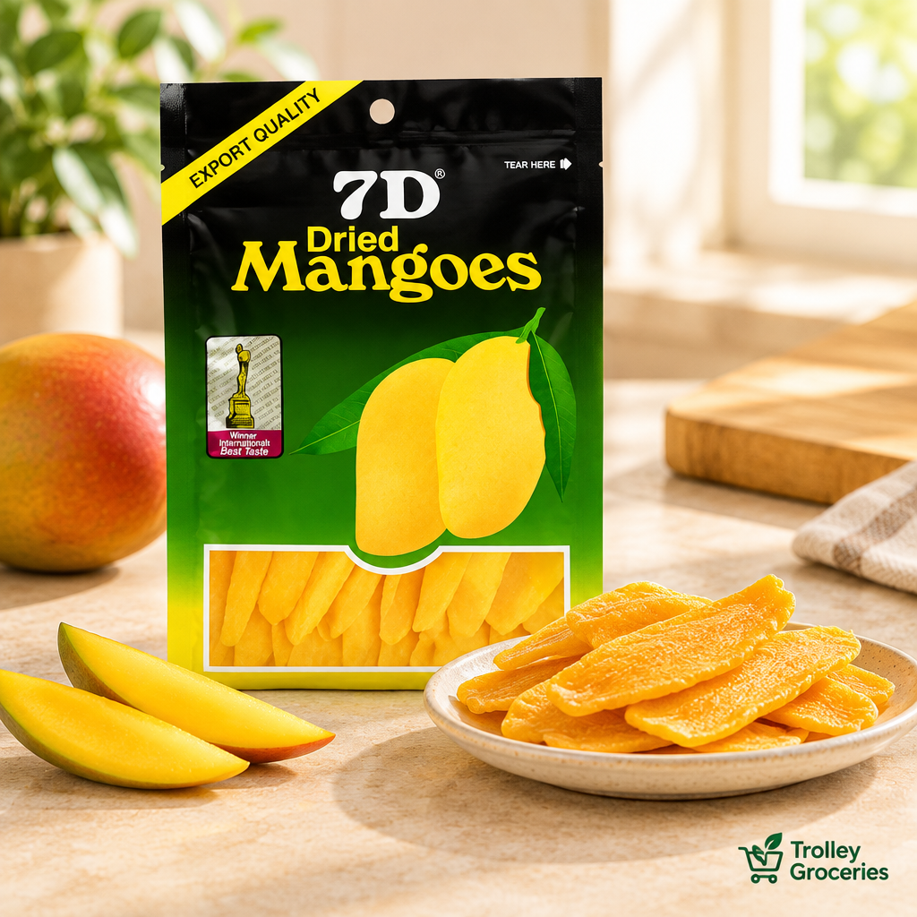 7D Dried Mangoes 100g packet styled with dried mango slices and fresh mango.