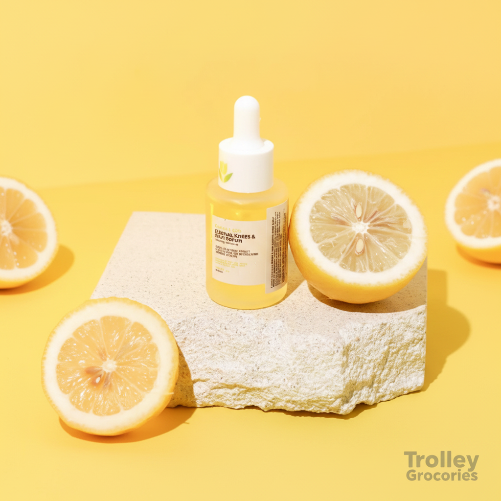 Catt & Co Elbows Knees and Butt Serum dropper bottle with lemons on yellow background