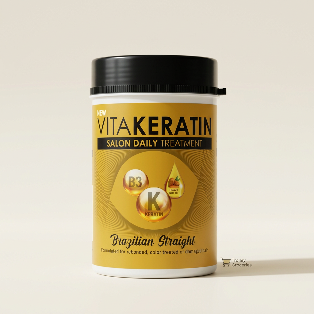 Vitakeratin Brazilian Straight yellow and gold tub with Trolley Groceries branding