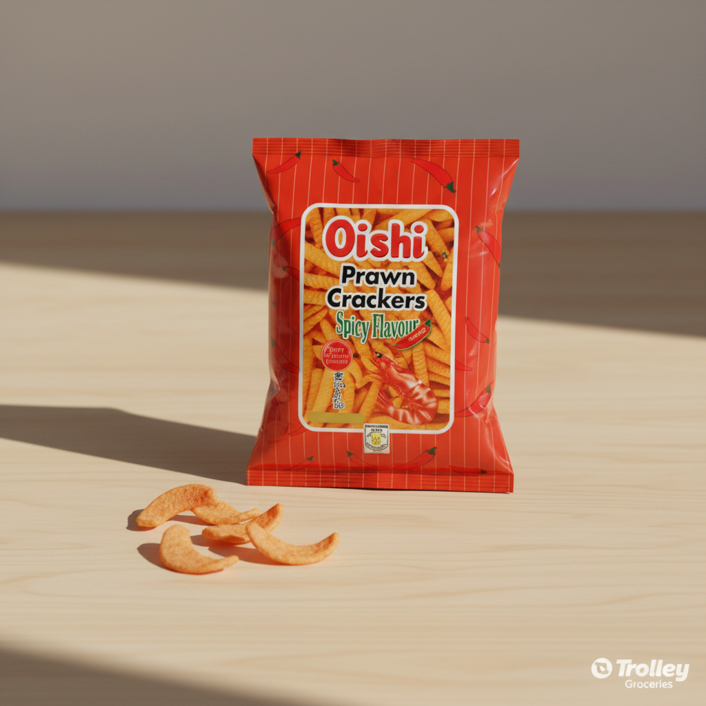 Oishi Prawn Crackers Spicy Flavour 90g red bag with crackers
