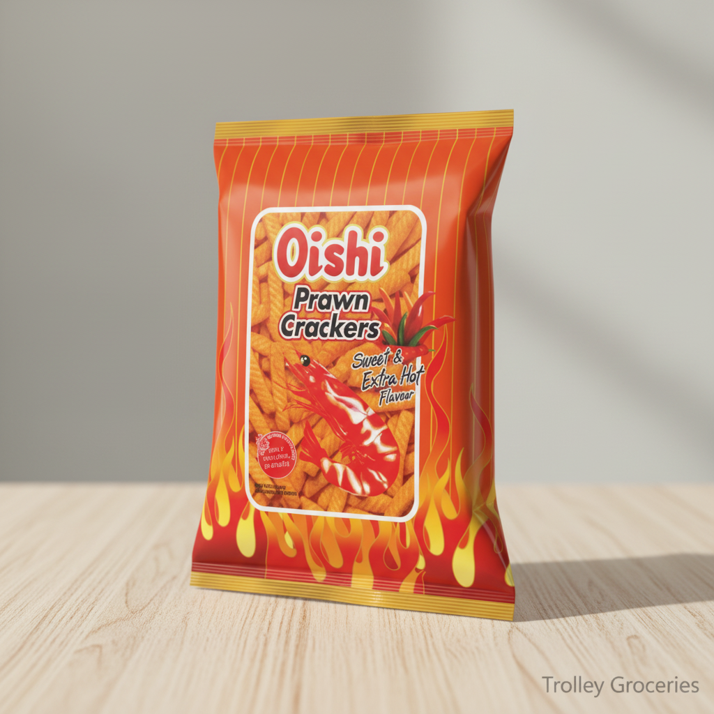 Oishi Prawn Crackers Sweet and Extra Hot Flavour 90g red orange bag with flames