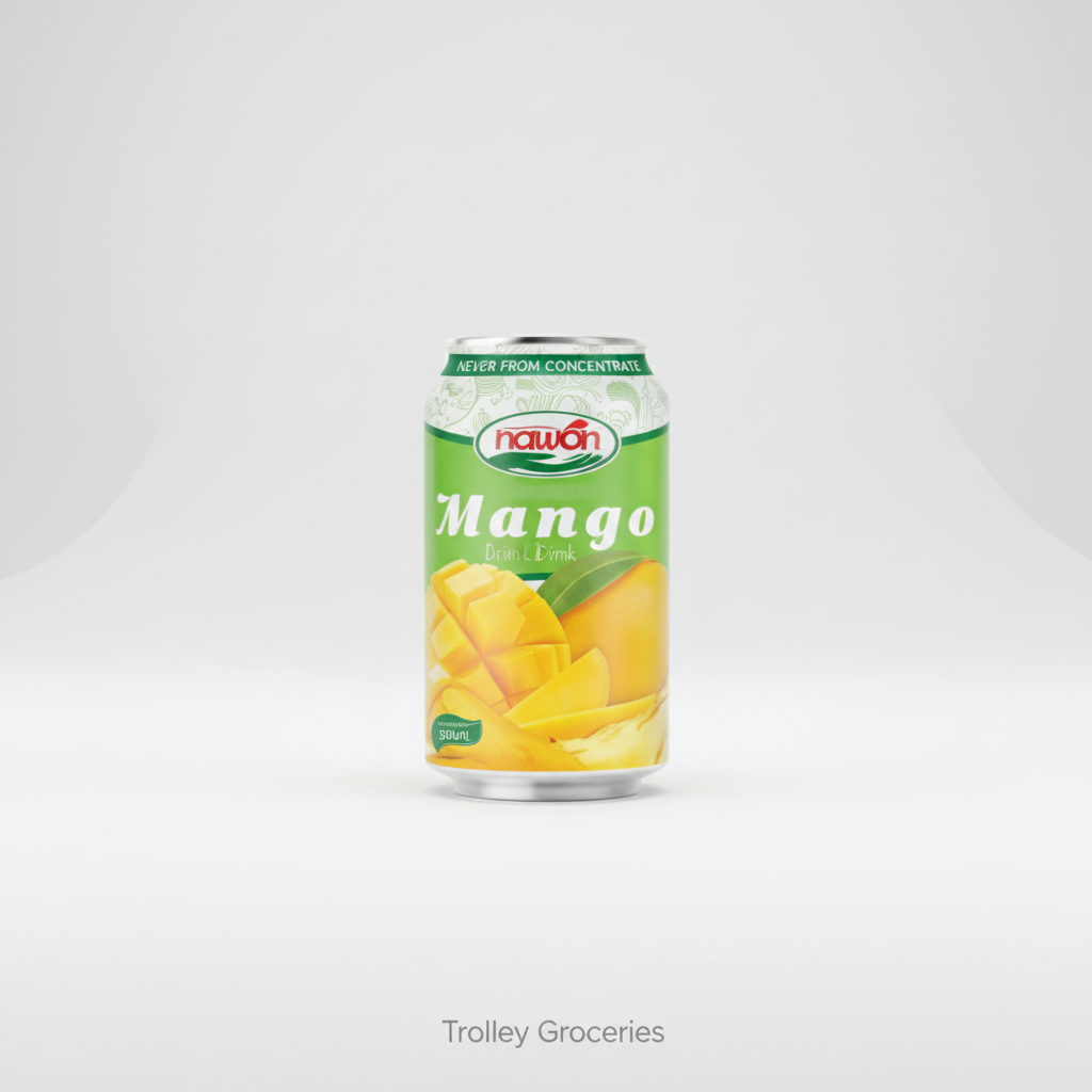 Nawon Mango Drink 330mL can with Trolley Groceries branding below on a clean studio background
