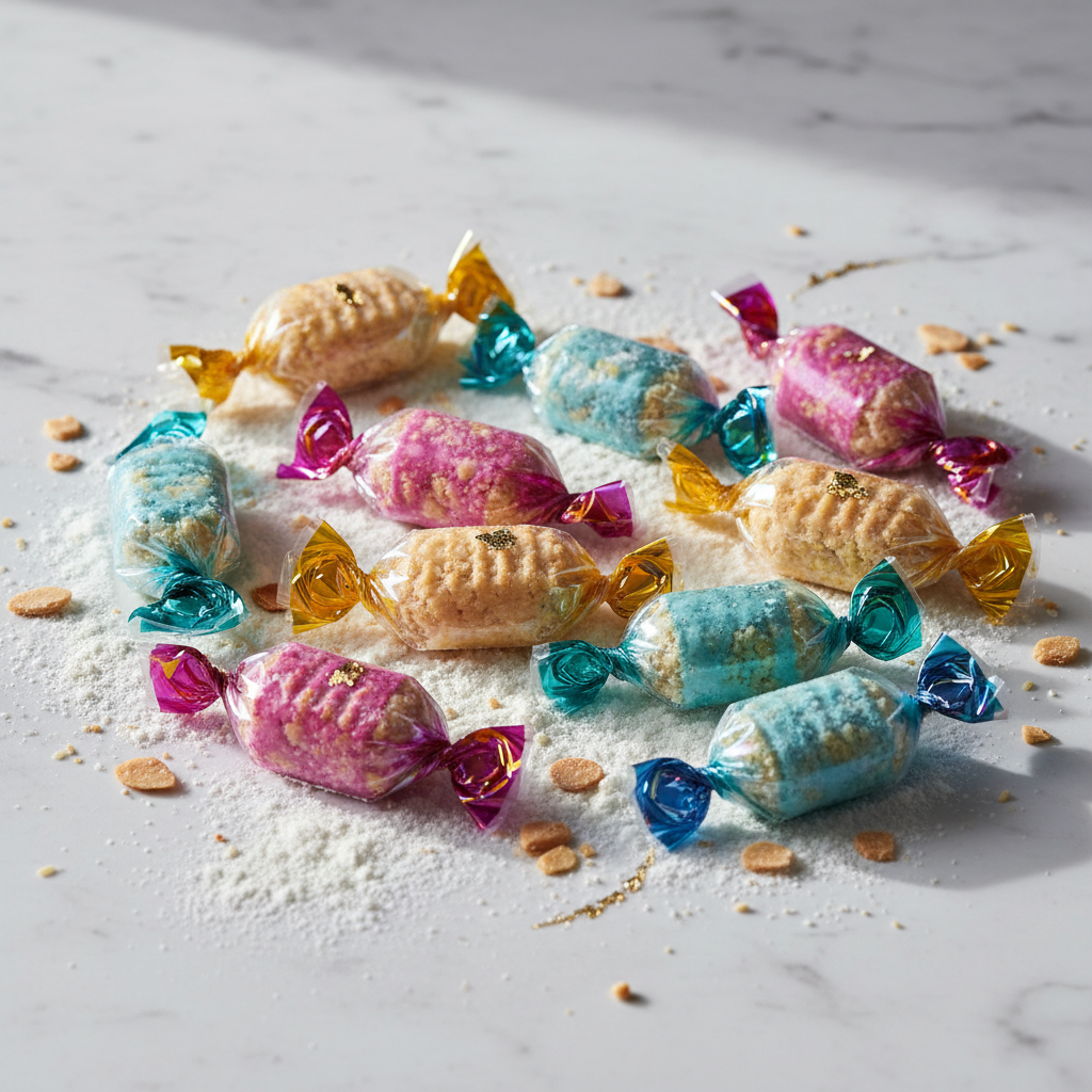 Filipino polvoron milk candy wrapped in colourful cellophane on white marble