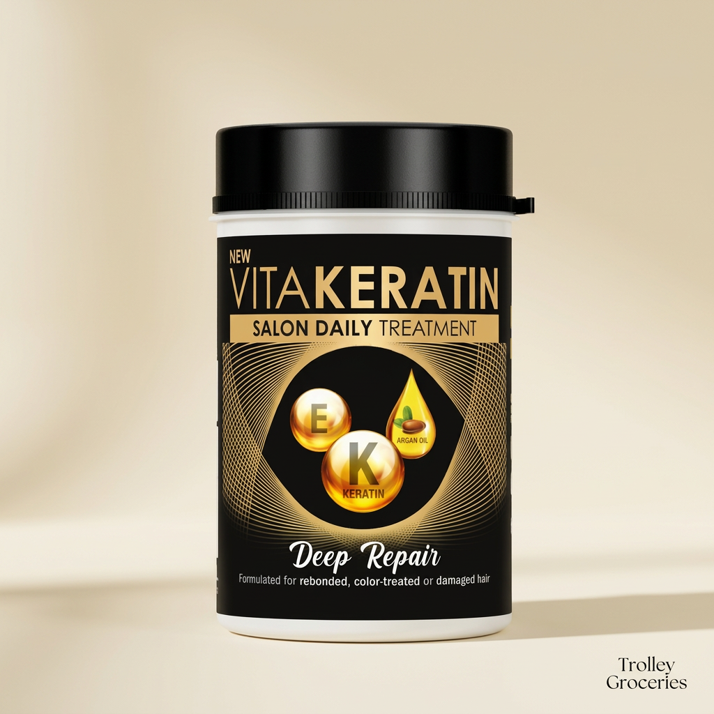 Vitakeratin Deep Repair black and gold tub with Trolley Groceries branding