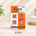 Bigen Hair Dye Chestnut Brown 6g box with Trolley Groceries branding below on a premium hair-care background