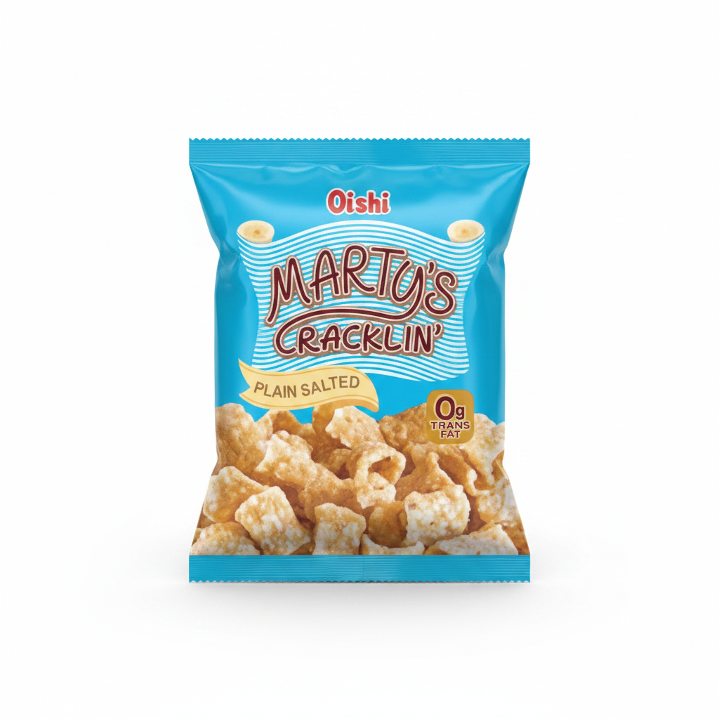 Oishi Marty's Cracklin Plain Salted 90g light blue packaging with bold script logo