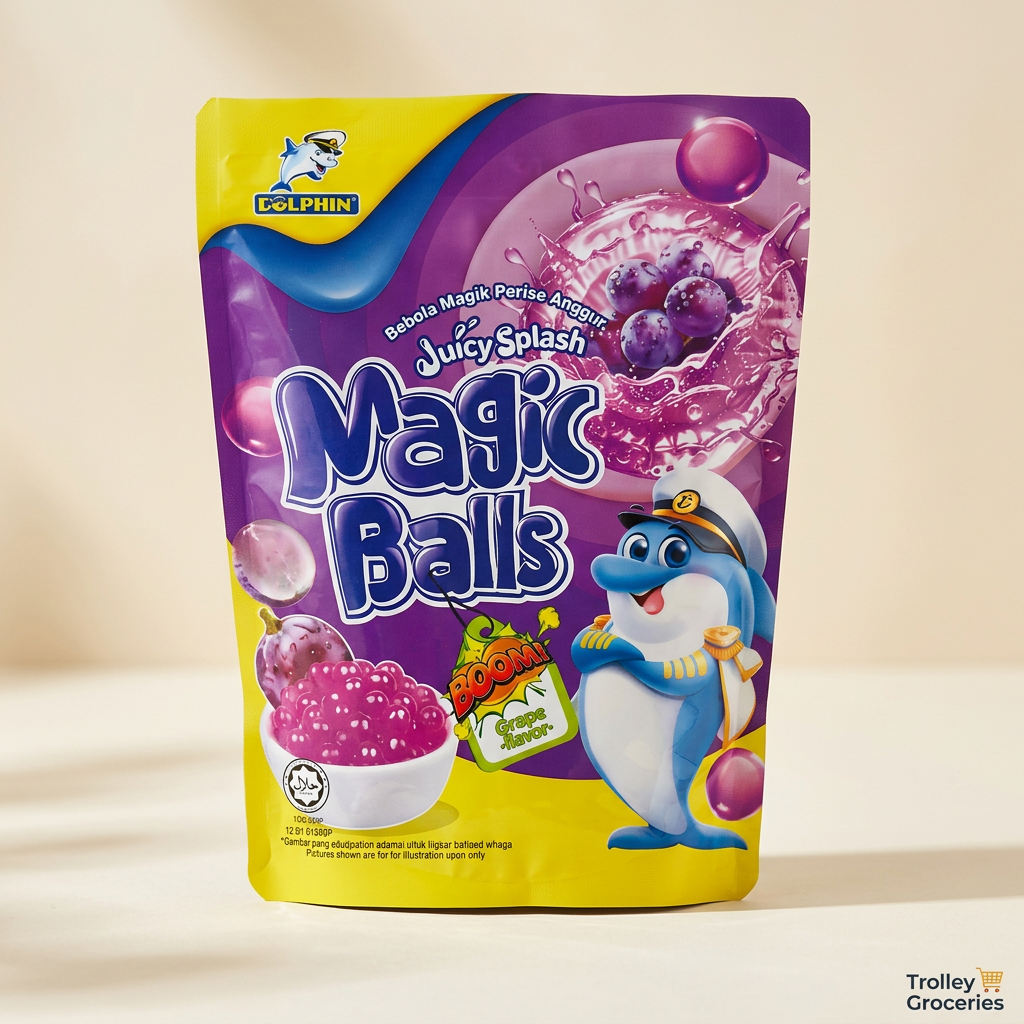 Dolphin Magic Balls Grapes purple and yellow pouch with Trolley Groceries branding