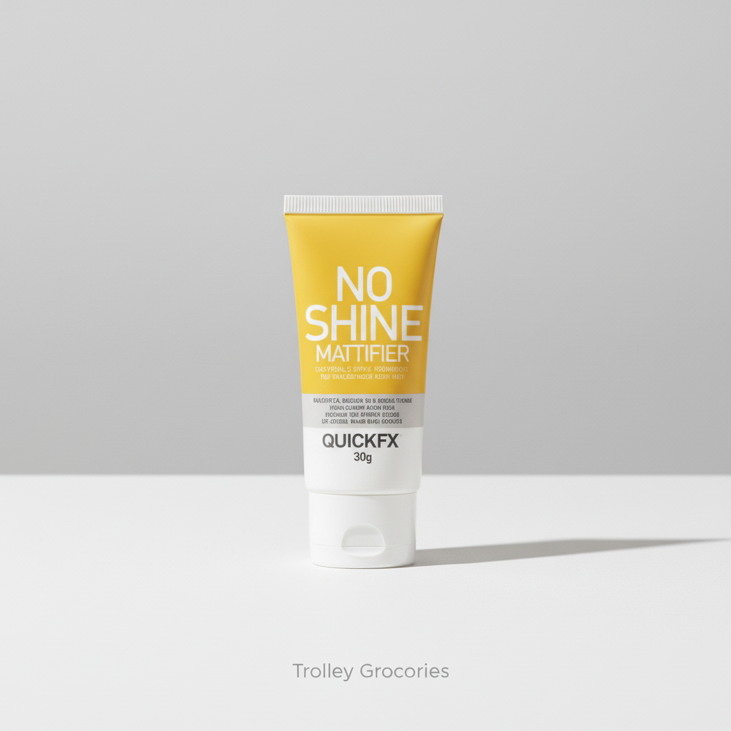 QUICKFX No Shine Mattifier 30g tube with Trolley Groceries branding below on a clean beauty background