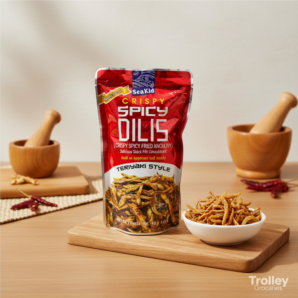 Seakid Crispy Spicy Dilis 40g crispy fried anchovy snack in a premium grocery presentation for Trolley Groceries