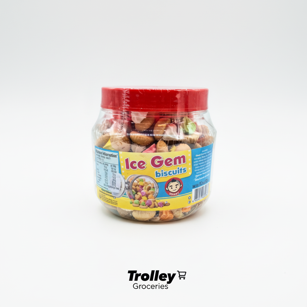 Lio Food Ice Gems Biscuit 320g jar with Trolley Groceries branding below on a clean studio background