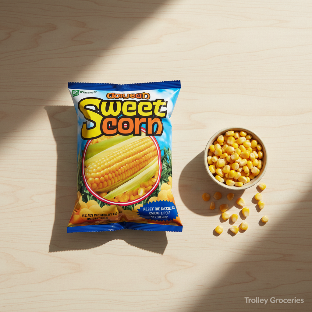 Regent Golden Sweet Corn 60g snack bag on wooden surface with corn kernels